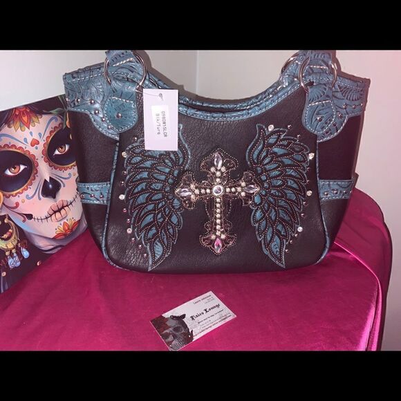 Rhinestone Cross Embroidered Carry Handbag In Teal - Picture 1 of 3